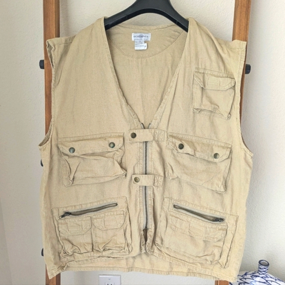 Sostanza Men's Beige Utility Vest with Multiple Pockets - Size L